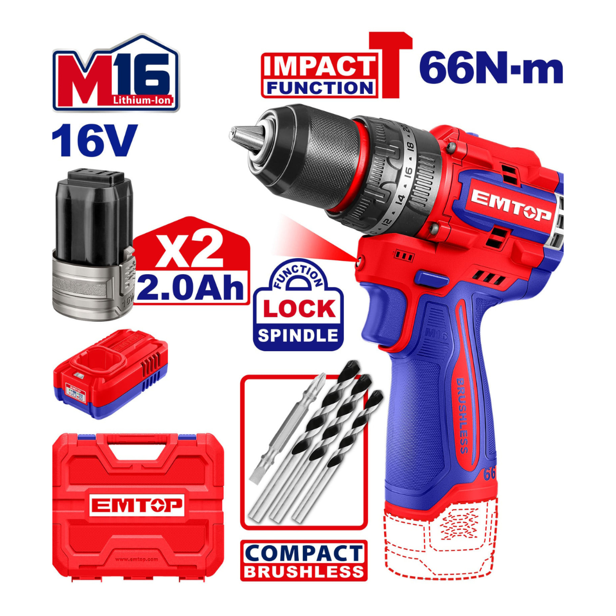 Emtop Cordless Hammer Drill 13mm (with 2 Batteries v16 and Charger) ECIDL166062 Emtop Cordless Hammer Drill 13mm (with 2 Batteries v16 and Charger) ECIDL166062