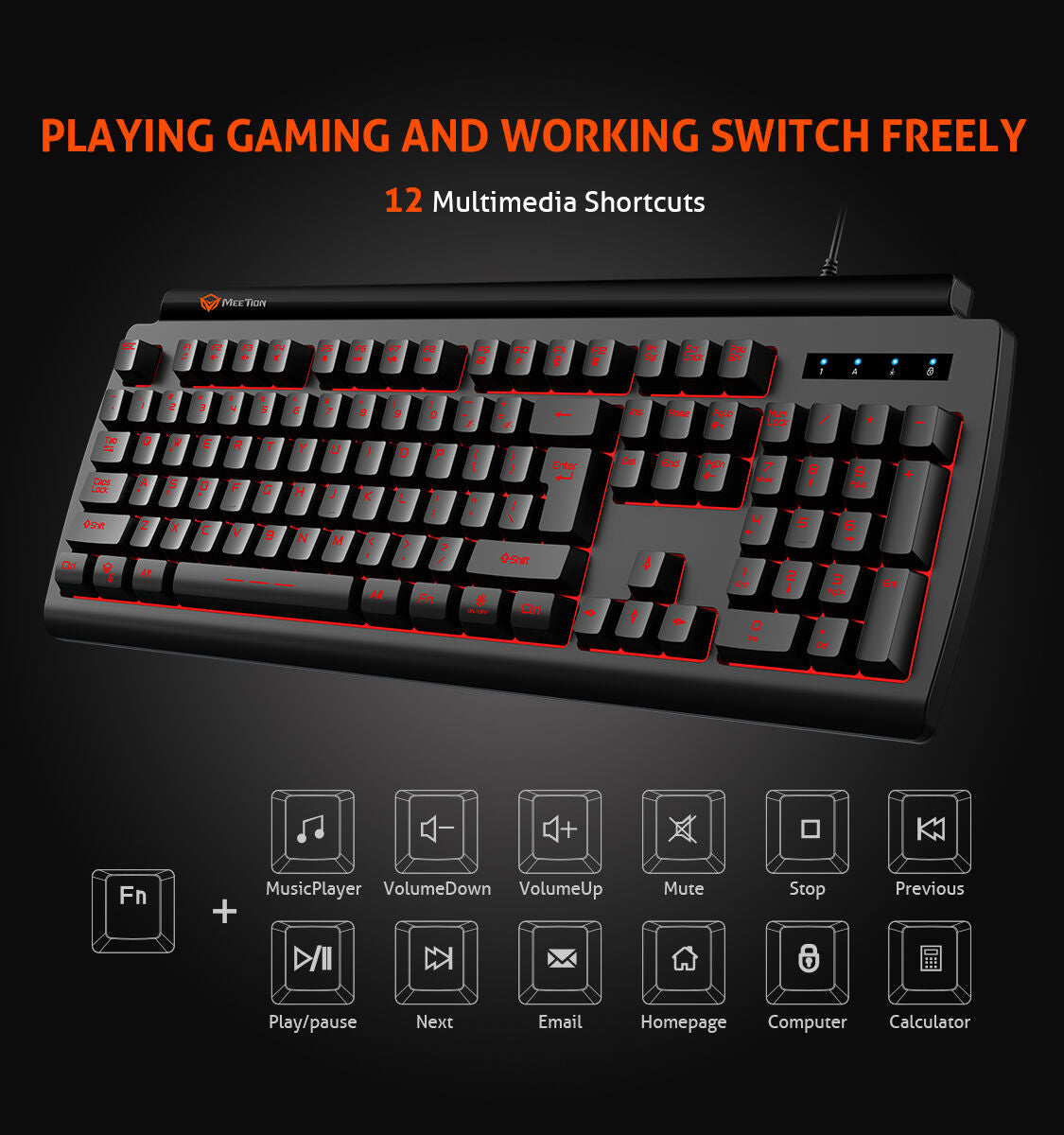 Meetion MT-K9000 Gaming Keyboard, Three Color Backlit, Classic original Design