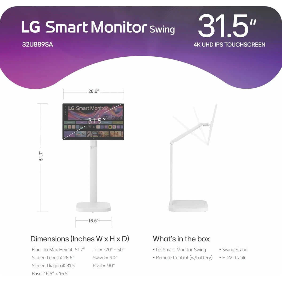 LG Swing 32U889SA – 31.5” 4K UHD IPS Touch White- Swing Monitor