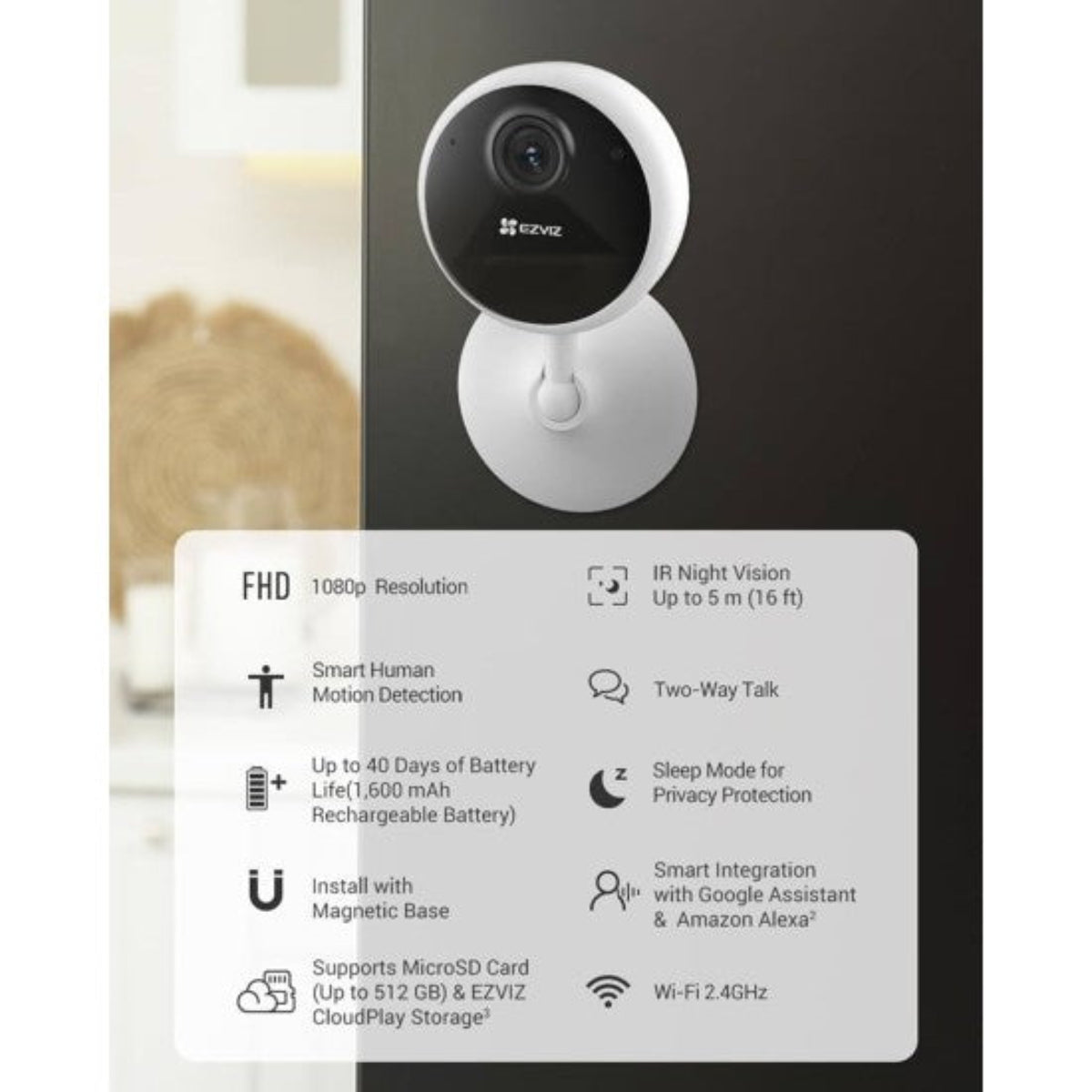 EZVIZ CS-CB1-Smart Battery-Powered Indoor Camera with 2K Resolution& AI Motion Detection