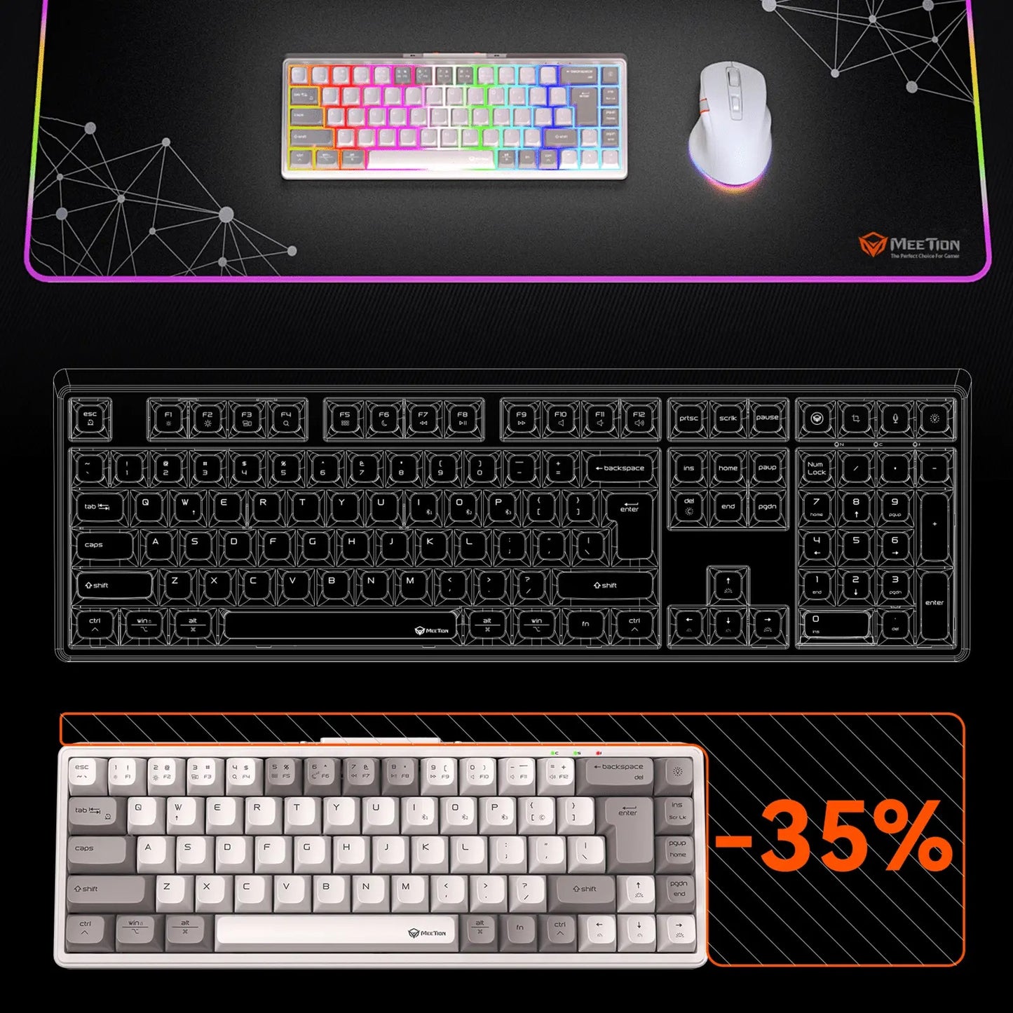 Meetion MT-MK12 Tri Mode Mechanical 65% Gaming Keyboard, Hot-Swap, RGB