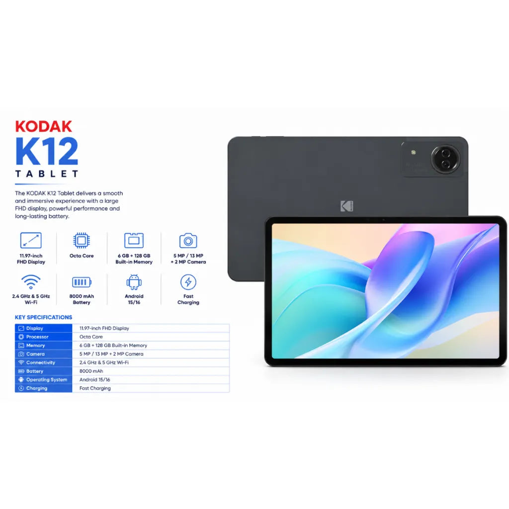 KODAK Tablet K12 12.0 Android WIFI Tablet (128GB Storage / 6GB +12GBRAM) KODAK Tablet K12 12.0 Android WIFI Tablet (128GB Storage / 6GB +12GBRAM)
