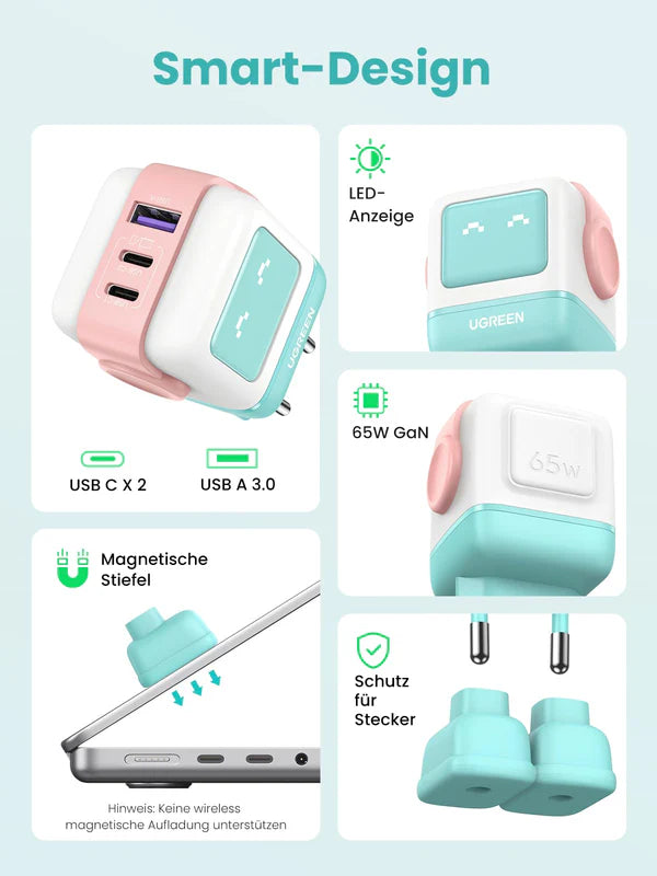UGREEN Uno Charger 65W RobotGaN 3 Port Fast Charger Robot (EU) (Cyan)