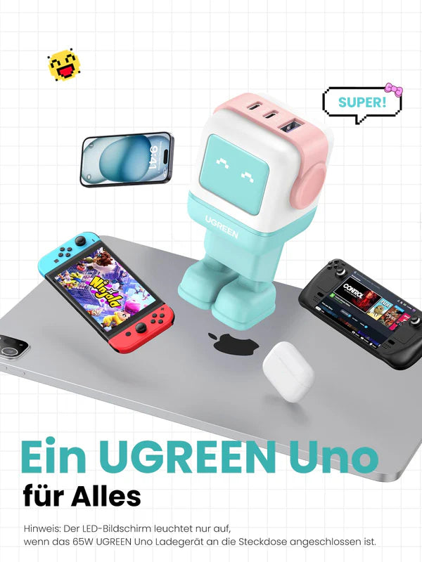 UGREEN Uno Charger 65W RobotGaN 3 Port Fast Charger Robot (EU) (Cyan)