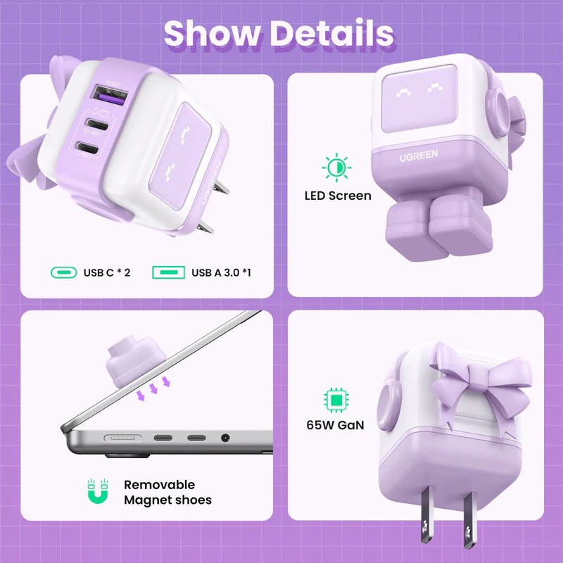 UGREEN Uno Charger 65W RobotGaN 3 Port Fast Charger Robot (EU) (Purple)